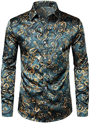 Image of PARKLEES Men's Hipster Design Silk Like Satin Button Up Paisley Dress Shirt for Party Prom Teal L