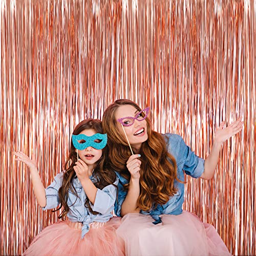 Image of GOER 3.2 ft x 9.8 ft Metallic Tinsel Foil Fringe Curtains for Party Photo Backdrop Wedding Decor (3 Packs, Rose Gold)