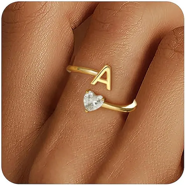 Fezodo Gold Initial Rings for Women Girls - 18K Gold Plated Adjustable Letter A Initial Ring for Teen Girl Gifts, Dainty Gold Rings for Women 5 6 7 8 9 10 Year Old Girl Gifts