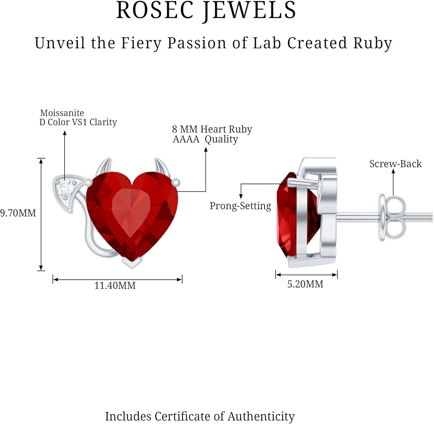 Certified 4 Carat Lab Grown Ruby Earrings in Silver, Aaaa Quality, Ruby Heart Earrings - Gothic Gift for Her