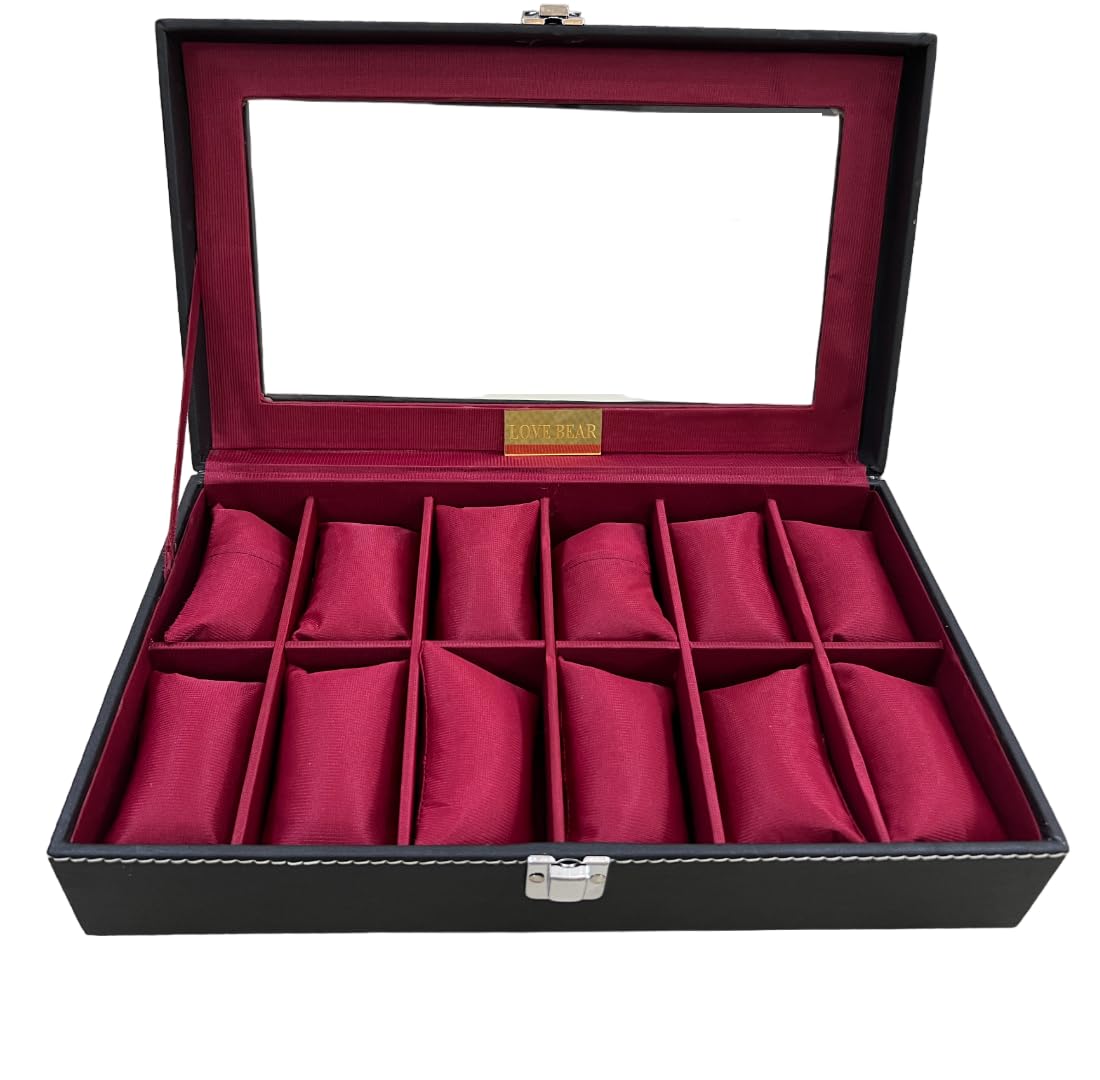 Love Bear Mens & Womens Watch Box Holder Organizer Case (12-Slots-Black & Cherry) (B0D2J7PGJ7) Amazon Price History, Amazon Price Tracker
