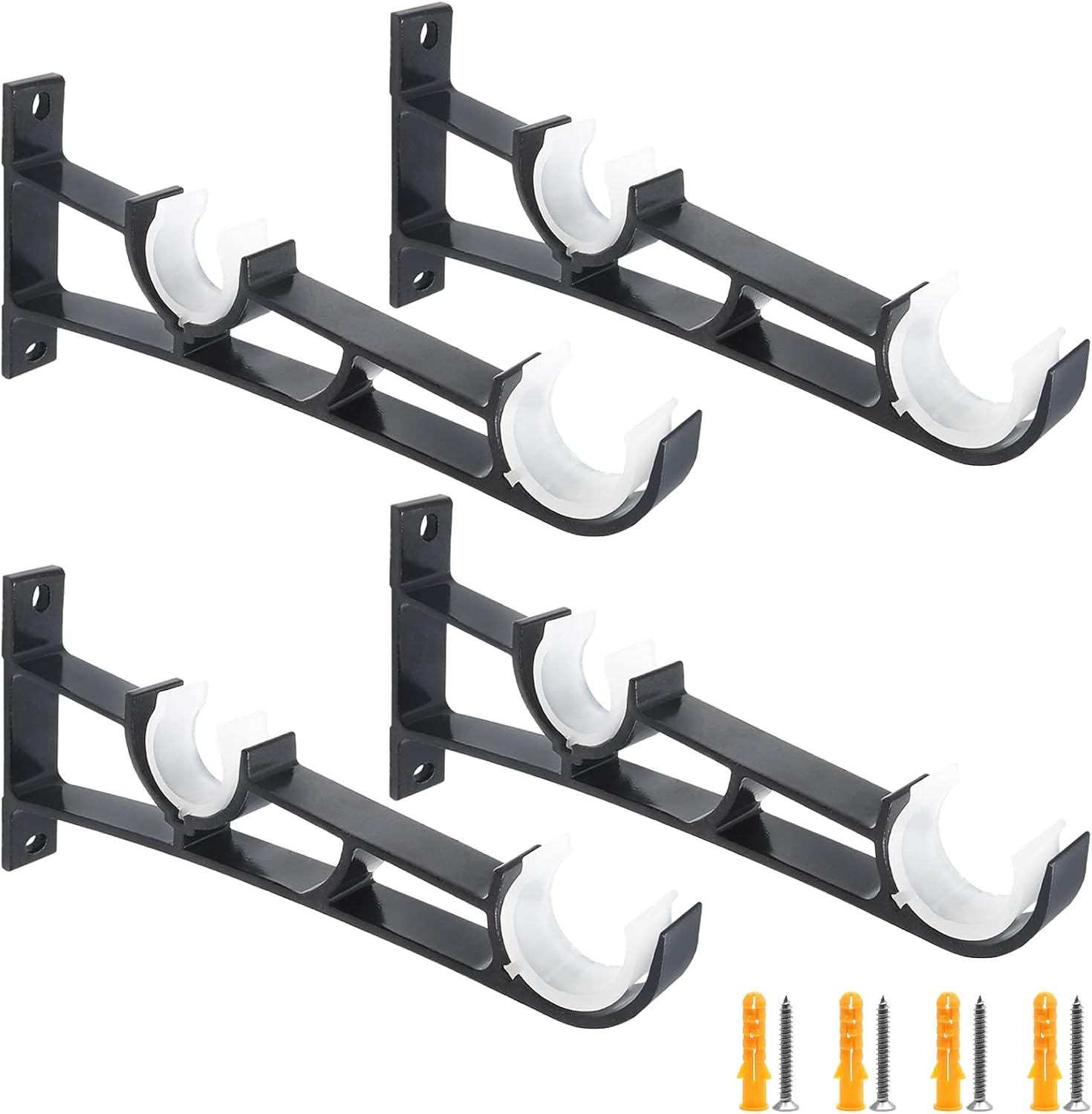 4 Pcs Sturdy Double Curtain Rod Brackets, Wall Mount Curtain Rod Holder, Heavy Duty Aluminum Alloy (Black)