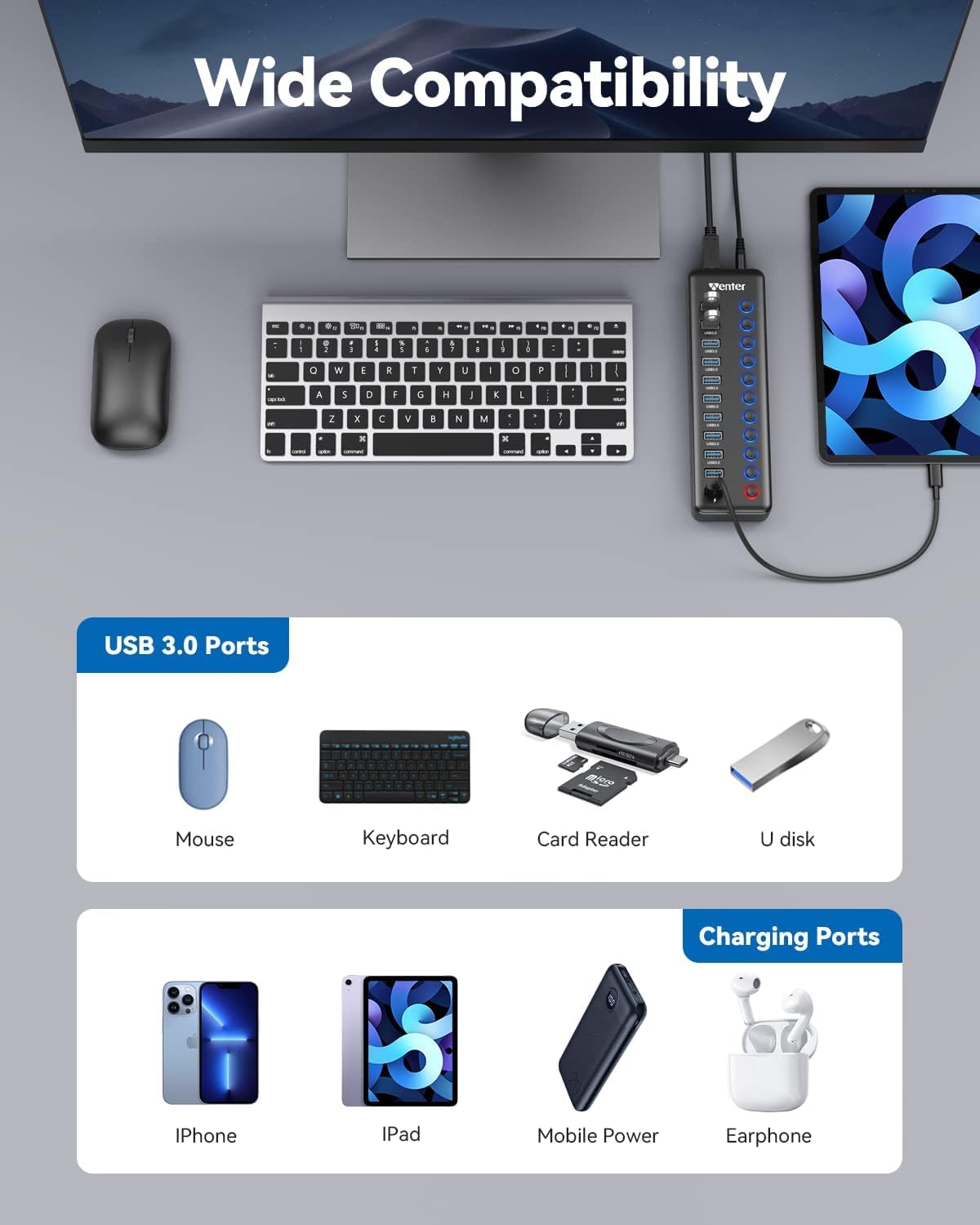 Hub USB Powered, hub splitter USB a 11 porte (10 porte di trasferimento dati e 1 porta di ricarica intelligente) con switch LED On/Off, USB Hub 3.0 alimentato con adattatore di alimentazione per Mac