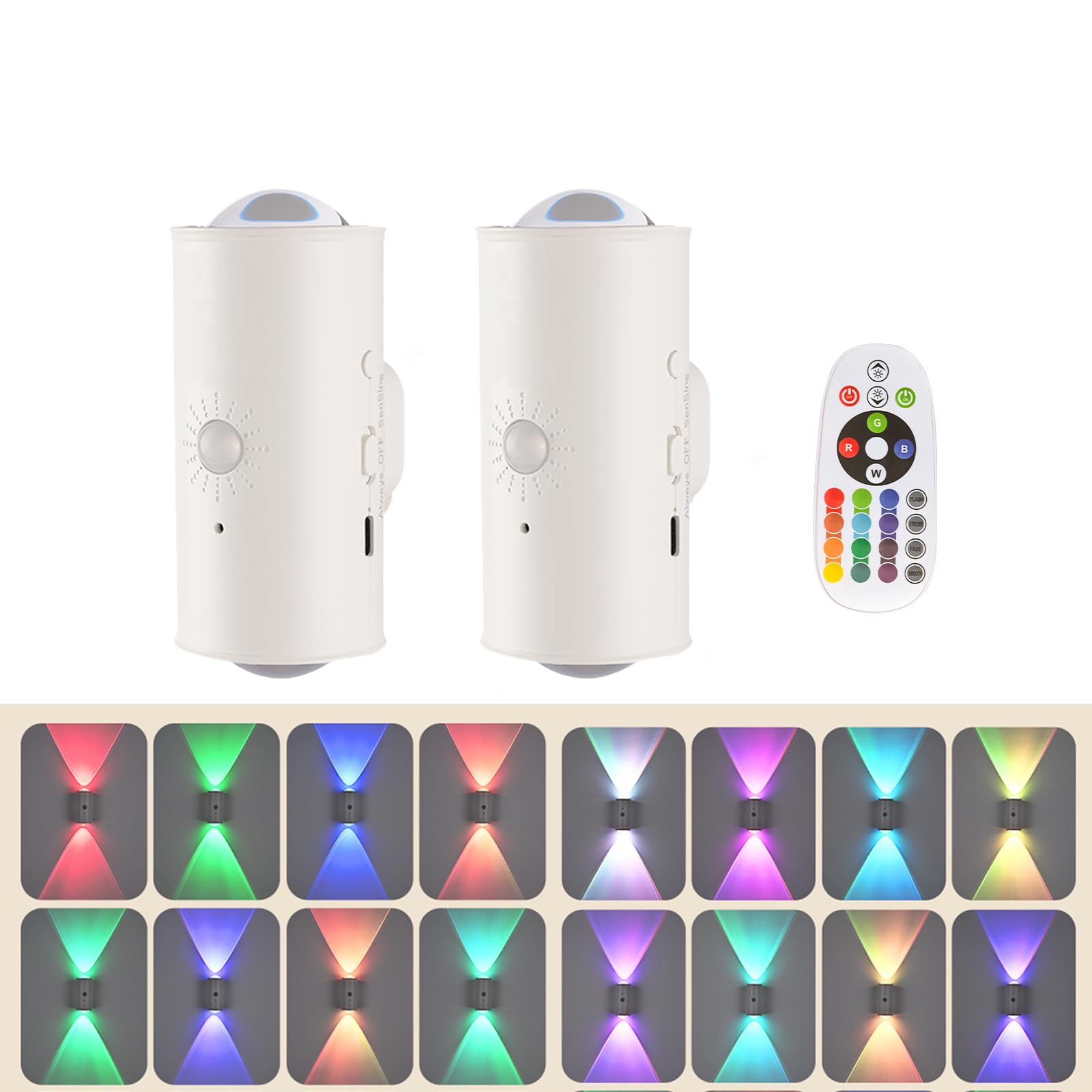 Motion Sensor Light Indoor - 2PCS Magnetic Wireless Rechargeable Wall Lights, 16 Color Smart RGB Multi-Color Changing LED Wall Sconces, Motion Mood Light for Bedroom Corridor Staircase (White)