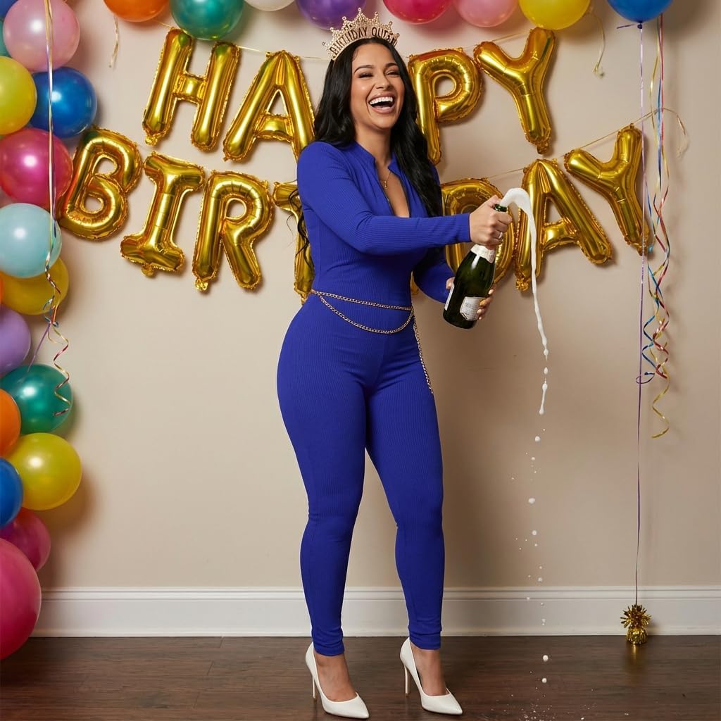 Women's Ribbed Bodycon Jumpsuit Long Sleeve Zip Up Front Romper Slim Fit One Piece with Pants - Image 3