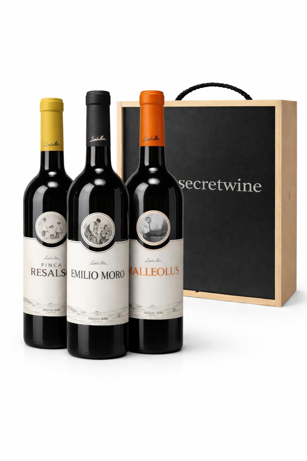 Pack Bodega Emilio Moro – 3 Botellas Premium Ribera del Duero (Finca Resalso, Emilio Moro y Malleolus) con Caja de Madera para Regalo
