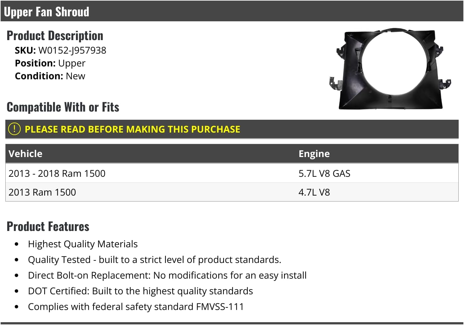 Marketplace Auto Parts Upper Fan Shroud - Compatible with 2013-2018 Ram 1500 V8