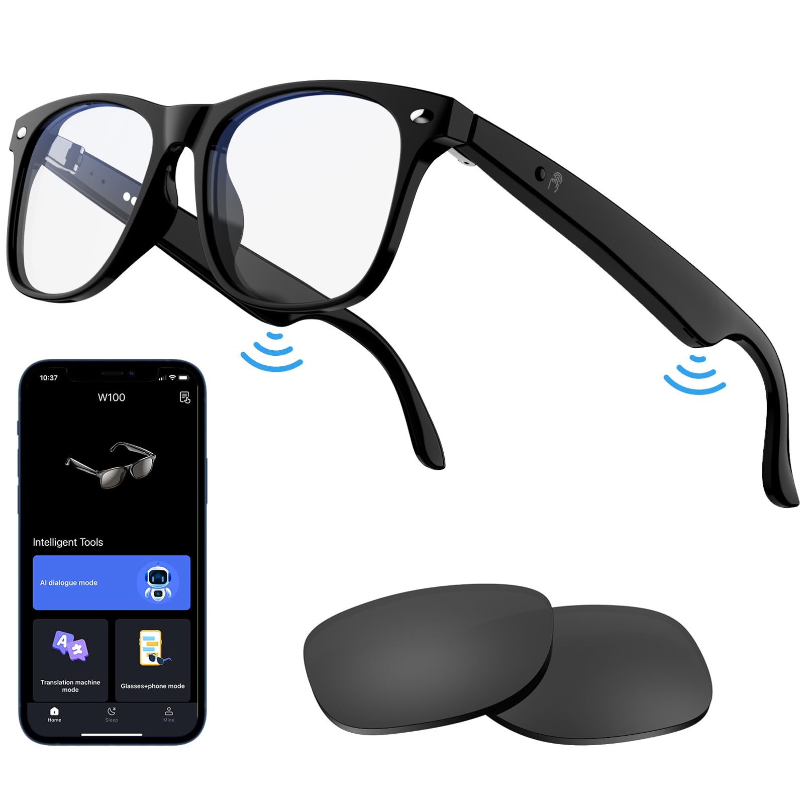 Anpress Smart Glasses with AI Translation for Men Women, 6.0 Bluetooth Music Glasses with Real-Time Translator for 164 Languages, Anti-Blue Light/UV400 Lenses, Open-Ear Clear Sound, Remote Photography