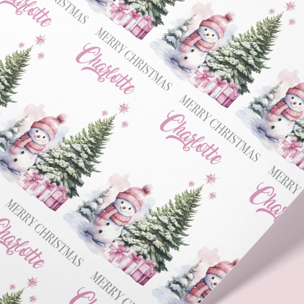 Personalised Pink Christmas Wrapping Paper | Christmas Wrapping Paper Rolls - 61cm Width | Girls Festive Design | Snowman Gift Wrap | Custom Name | Present Idea | Made in the UK (Pink, 2mt)