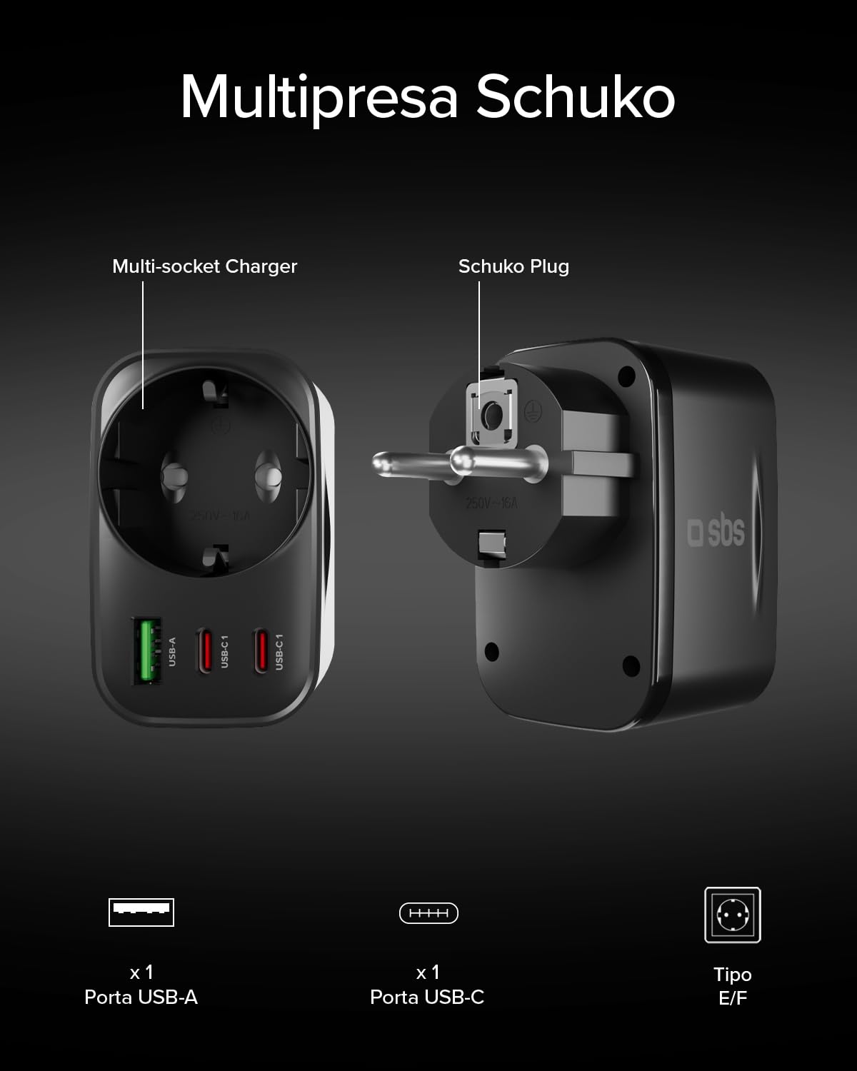 SBS Alimentatore Multi-Socket USB-C USB-A, Presa Schuko Passante MAX 3500W | Power Delivery (PD 3.0 PPS) 30W, Ricarica Rapida, Caricabatterie per iPhone, Android, Tablet e MacBook Neo, Nero