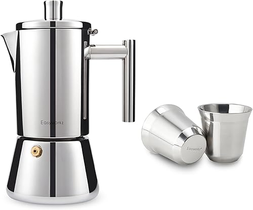 Easyworkz Diego - Máquina de café expreso para estufas, con taza de café expreso de acero inoxidable, juego de 2 tazas de metal con aislamiento de