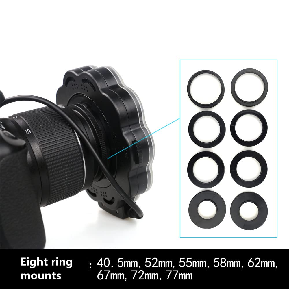 Marco Flash LED Ring compatibile con Canon, compatibile con Nikon Pentax, compatibile con fotocamere Olympus, con 8 supporti ad anello