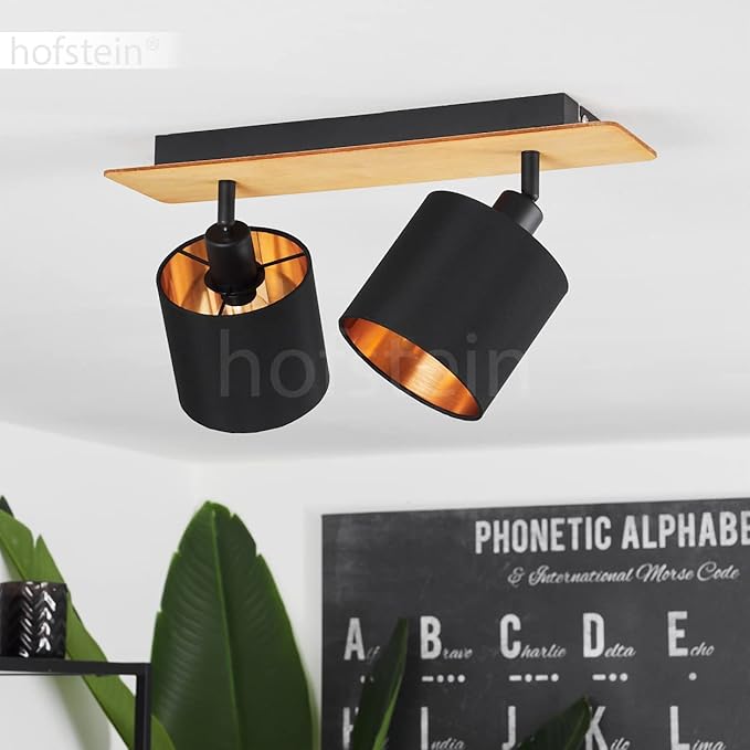hofstein Plafondlamp Alsen, moderne plafondlamp van metaal/hout/stof in zwart/natuur/koper, lamp in modern design met draaibare kappen van textiel, 2 vlammen, 2 x E14, zonder gloeilampen photo 3