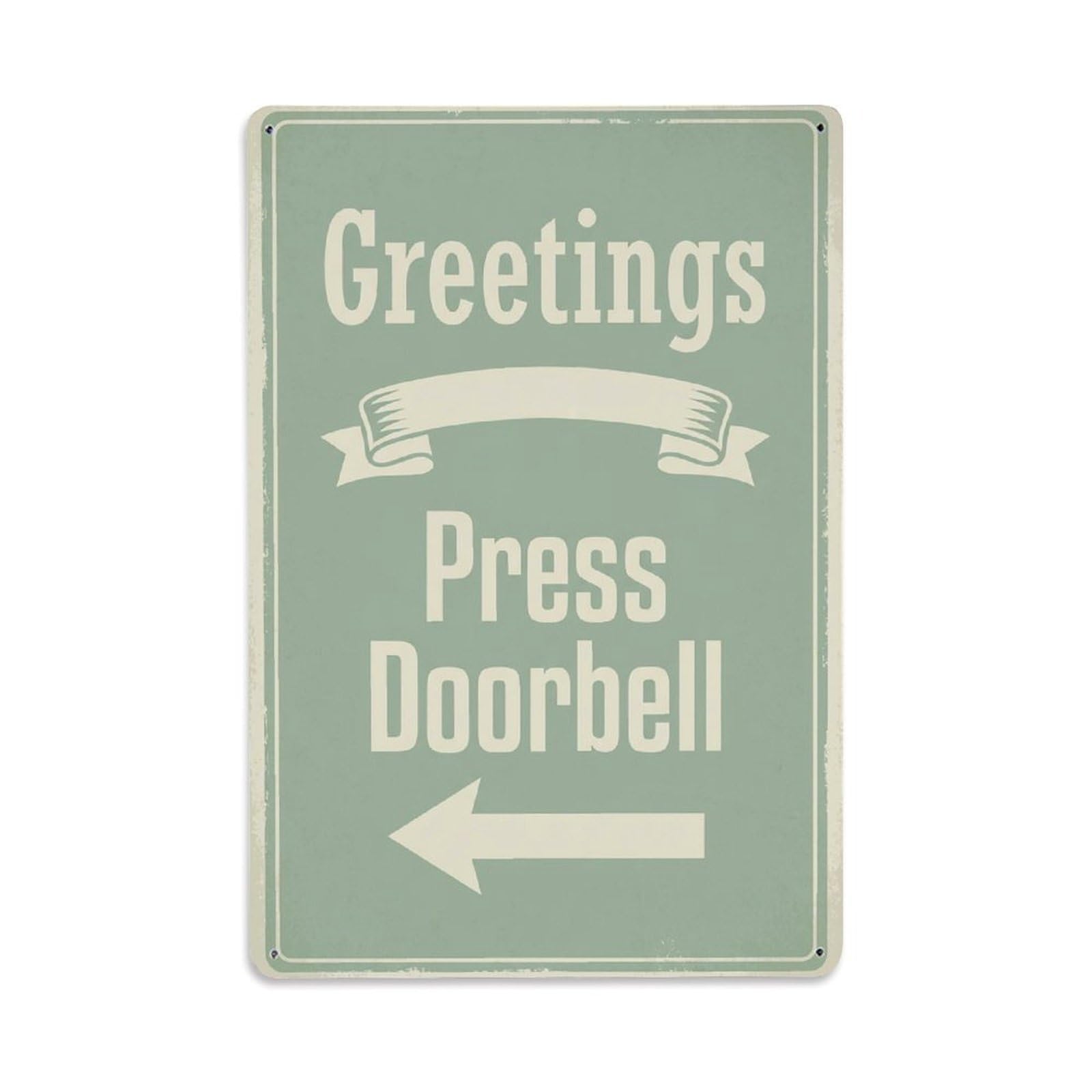 Vintage Greetings Press Doorbell Arrow Ribbon Metal Tin Sign