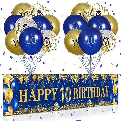10th Birthday Decorations for Little Kids Boys Girls Blue and Gold, Navy Blue Gold Birthday Yard Banner 18PCS Happy Birthday Balloons for 10th Anniversary Birthday Party Supplies Outdoor Yard Decor