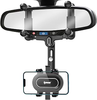 IPOW Large Rearview Mirror Phone Holder for Car 360°Rotatable and Retractable, 2022 Upgraded Four Corners Fixed Anti-Shake Multifunctional Design for All Phones and All Car Rearview Mirror with Button