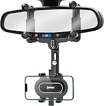 IPOW Large Rearview Mirror Phone Holder for Car 360°Rotatable and Retractable, 2022 Upgraded Four Corners Fixed Anti-Shake Multifunctional Design for All Phones and All Car Rearview Mirror with Button