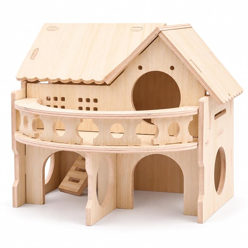 Casinha de Madeira para Hamsters Anões com Varanda e Dois Andares kcrygogo S0250