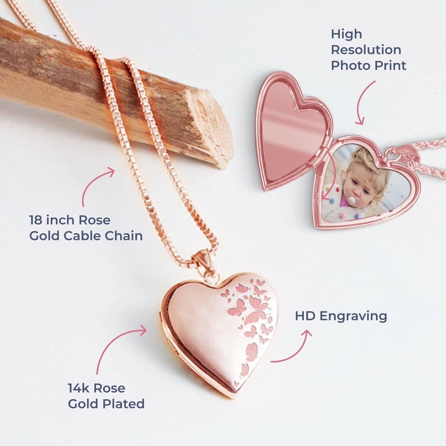 Miniatura 3 de Collar con medallón de fotos de corazón chapado en oro rosa de 34 pulgadas x 34 pulgadas incluye cadena de 18 pulgadas collares personalizados para