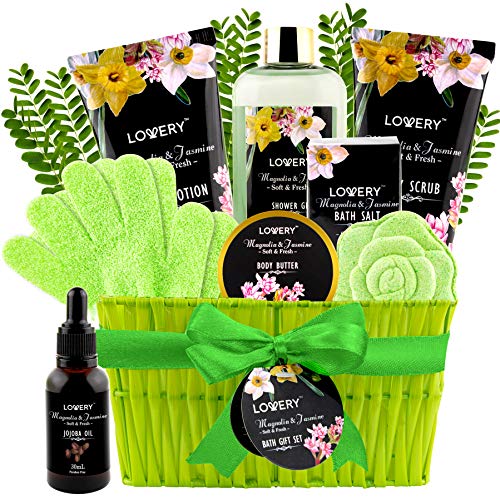 Luxury Spa Bath Gift Set for Women, Magnolia & Jasmine Gift Basket with Jojoba Oil, Shower Gloves, Shower Gel, Lotion, Body Butter, Body Scrub, Bath Salt, and Bath Bomb in a Wicker Basket