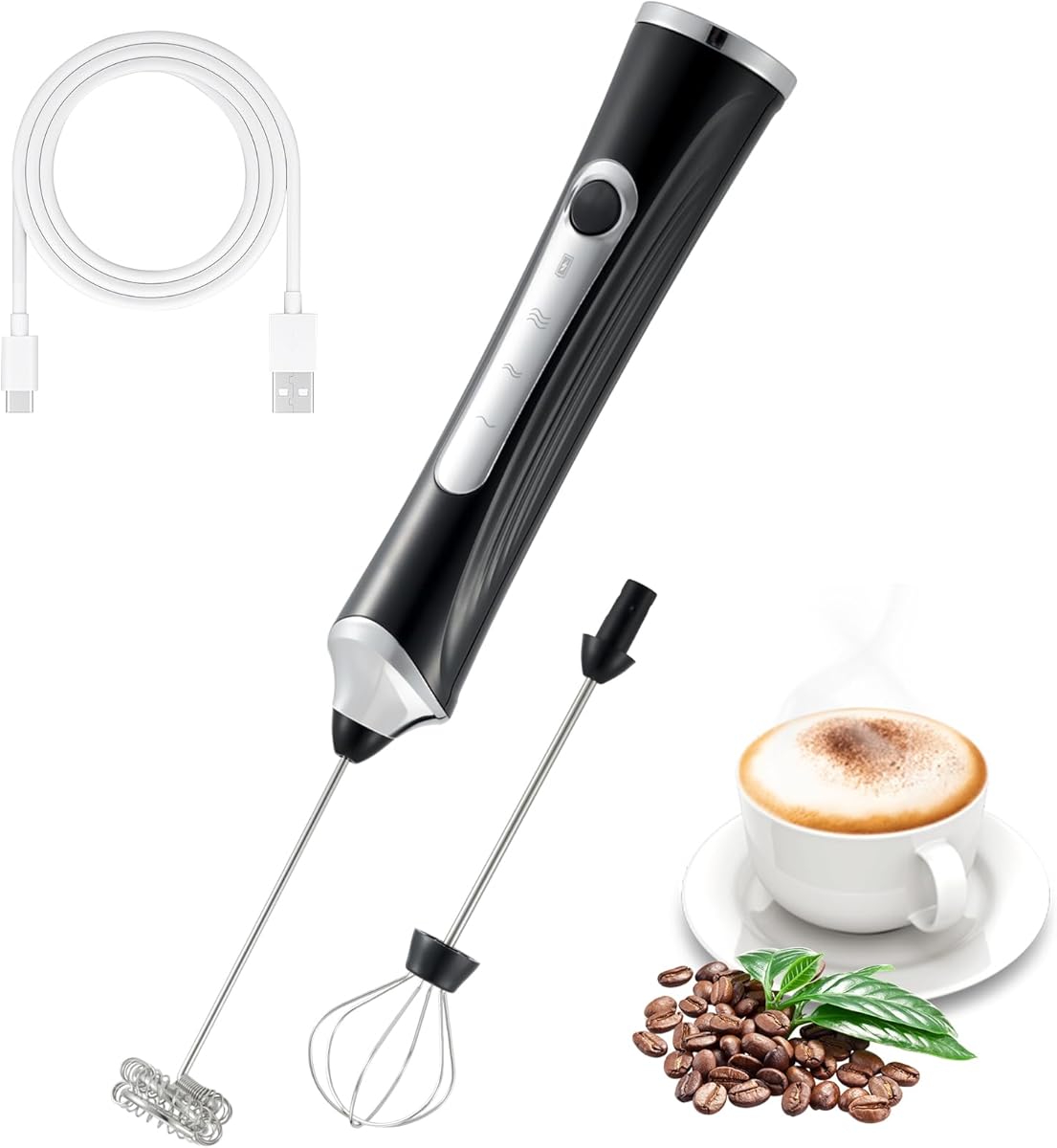 Handheld Electric Milk Frother with 2 Heads, Coffee Whisk Foam Mixer with USB Rechargeable 3 Speeds, Foam Maker Blender for Latte, Cappuccino, Hot Chocolate, Egg (Black) (Black)