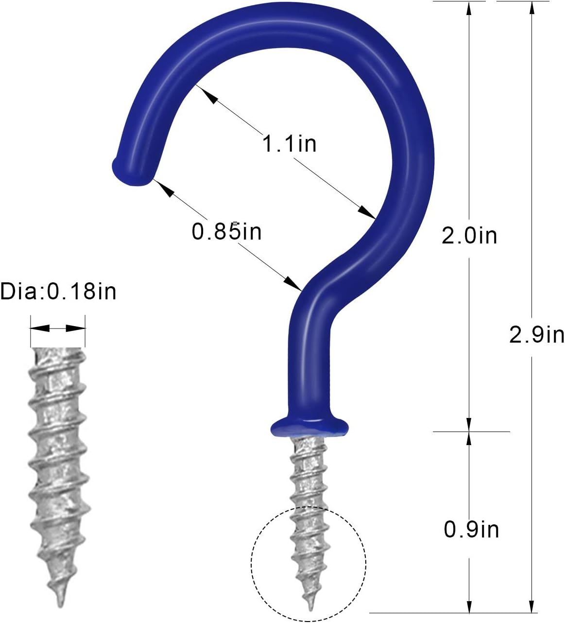 Panzexin 2.9 Inches Wall Ceiling Hooks, 20 Pieces Heavy Duty Vinyl Coated Screw-in Wall Hooks, Plant Hanger Hooks, Wind Chimes Hooks Kitchen Cup Hooks Great for Indoor & Outdoor Use (Blue)