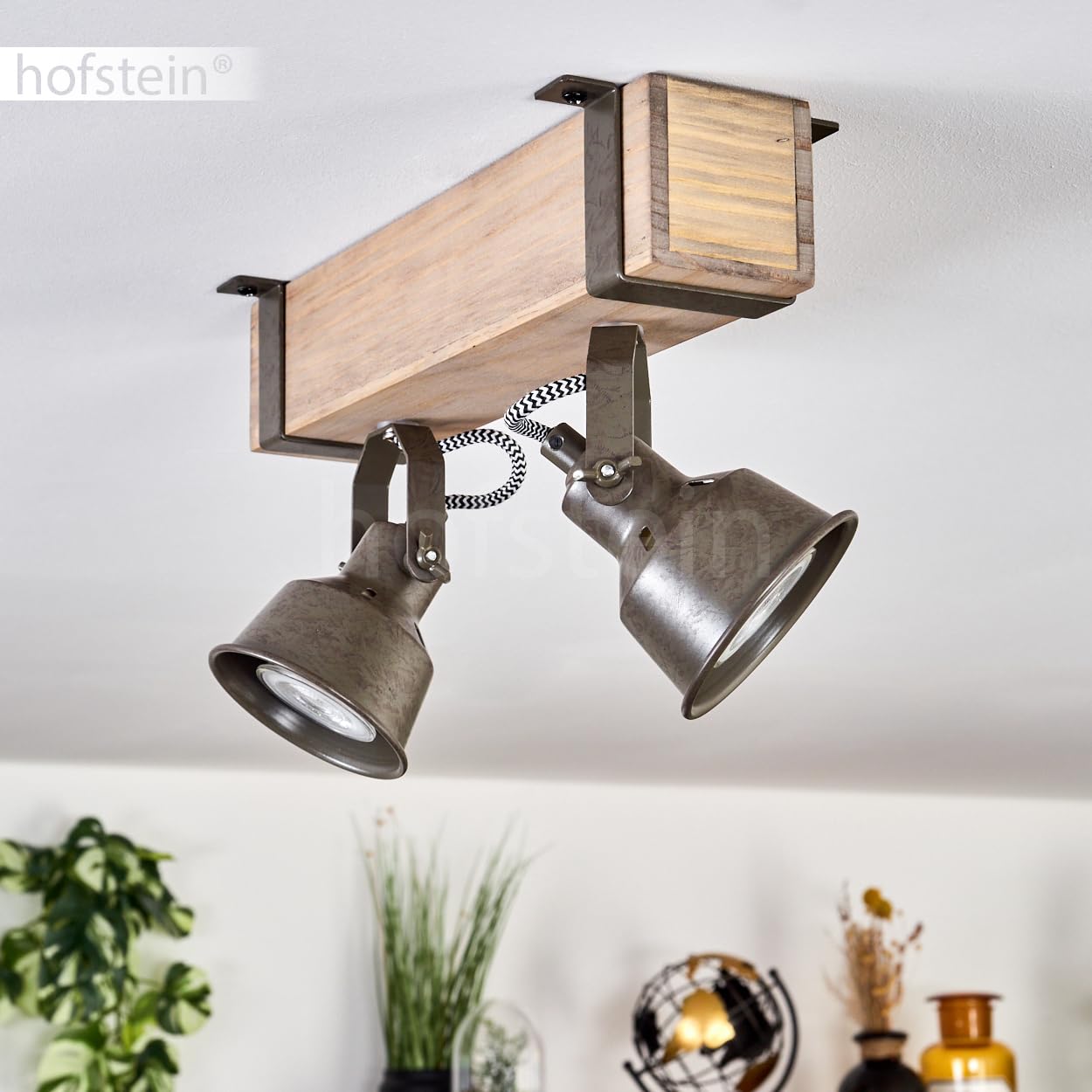 Plafonnier Pehefito de HOFSTEIN, plafonnier moderne en métal/bois vert-gris/naturel, plafonnier au design industriel avec abat-jour réglable, 2 ampoules, 2 x GU10 sans ampoules