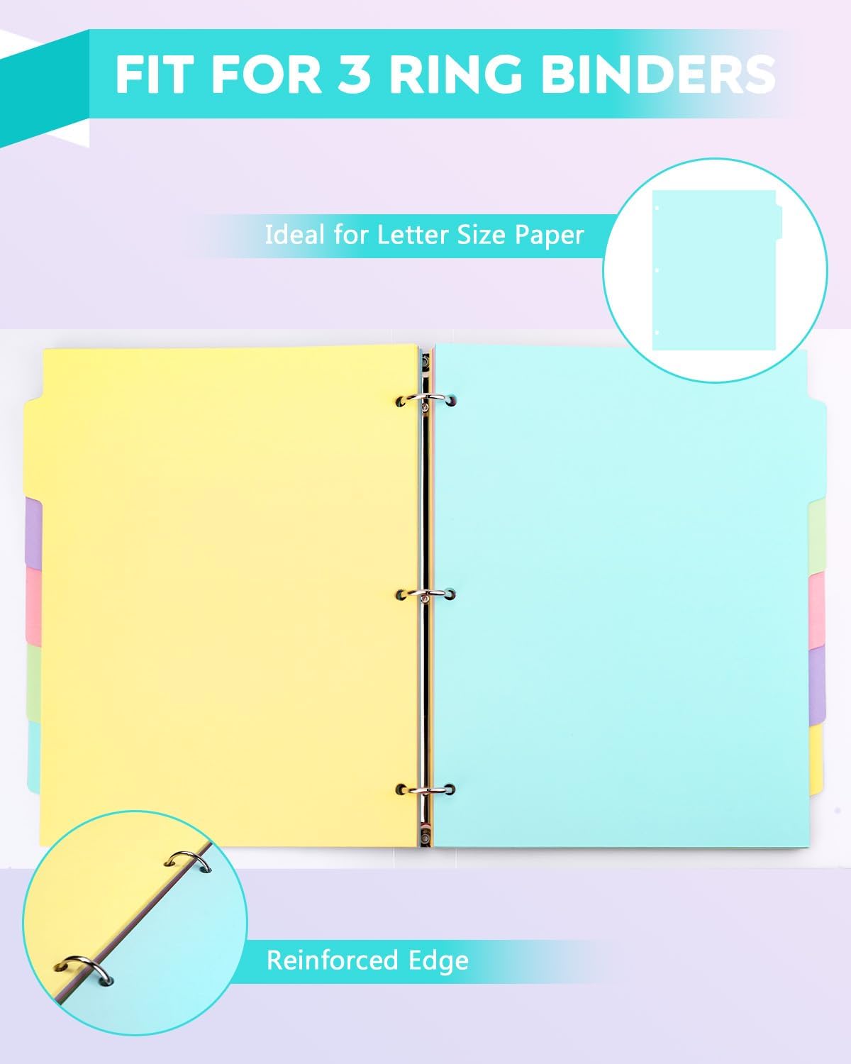 Dynta 3 Ring Binder Dividers with 5 Tabs Bulk 150 Pcs/30 Sets 8.5 x 11 Inches, Letter Size, 5 Colors Durable Paper 3 Hole Punch Index Divider for Kids, Women, Students