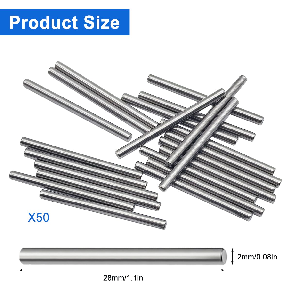 50 Pcs 304 Stainless Steel Dowel Pin M2 (2mm) x 28mm Cylindrical Shelf Support Peg Pin Rod Fasteners for Metal Devices Wood Furniture DIY Installation, Silver