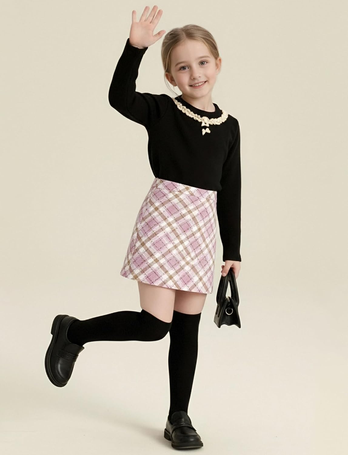 Girls Elastic Waist Plaid Tweed Wool Bodycon Mini Skirt Kid Toddler School Uniform Skort for Spring Fall Winter 4-12Y