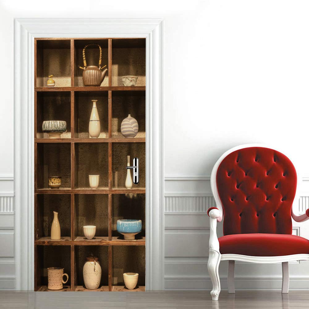 Stickers mural porte 3D effet trompe l'oeil en vinyle 93x205 cm pour decoration de salon