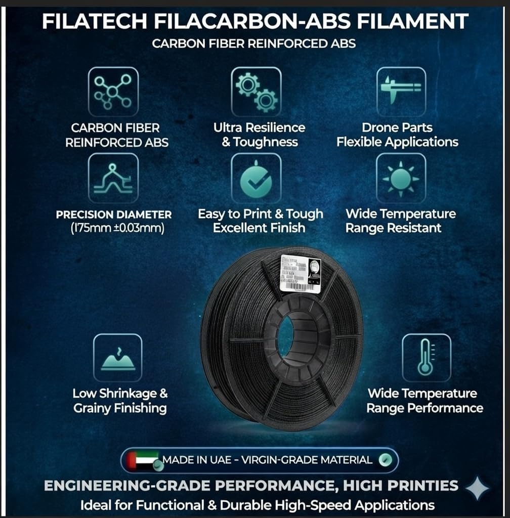 Filatech FilaCarbon-ABS 3D Printer Filament, 1.75 Carbon Fiber Reinforced ABS, 1.75mm -/+0.03mm Carbon Fiber Reinforced, 0.5kg Spool, Made in UAE - (Black)