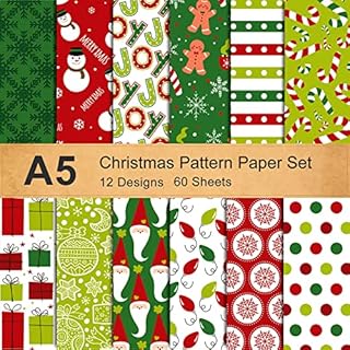 Whaline 12 Designs Christmas Pattern Paper Set A5 Size 60 Sheet Snowman Santa Gingerbread Man Glossy Pattern Paper Green Red Colorful Decorative Craft Paper Double-Sided for Card Making Scrapbook