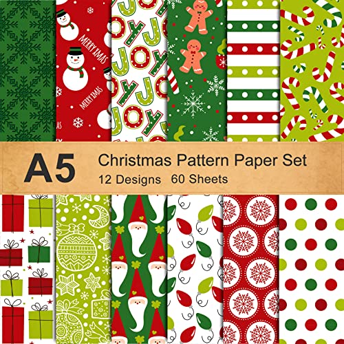 Whaline 12 Designs Christmas Pattern Paper Set A5 Size 60 Sheet Snowman Santa Gingerbread Man Glossy Green Red Colorful Decorative Craft Double-Sided for Card Making Scrapbook, (W3383)