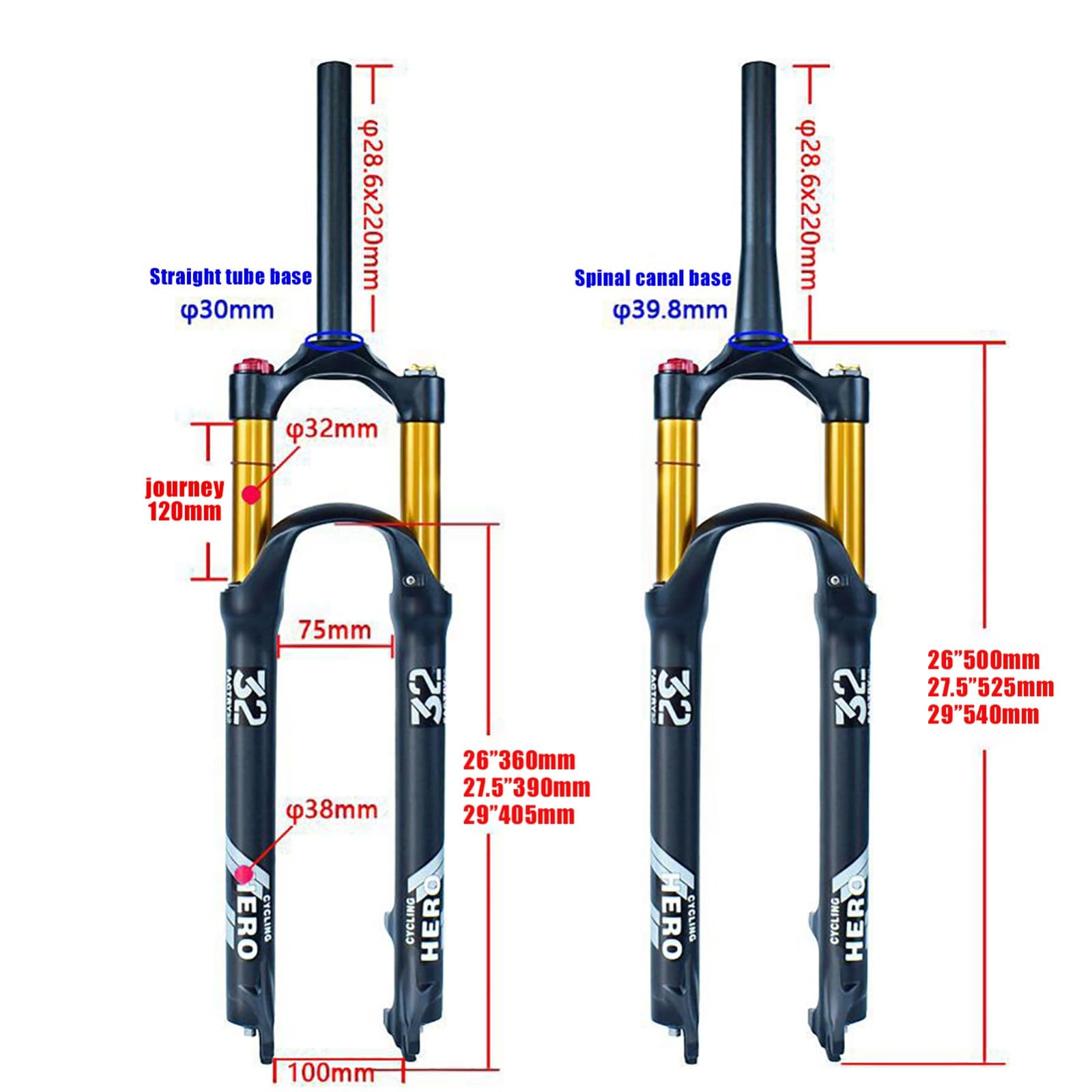 Fourche Avant de vélo, Amortisseur à air 26/27,5/29 Pouces, Alliage de magnésium, débattement de 120 mm, réglage du Rebond, Noir Mat, Tube doré (Non Inclus), 29 Pouces