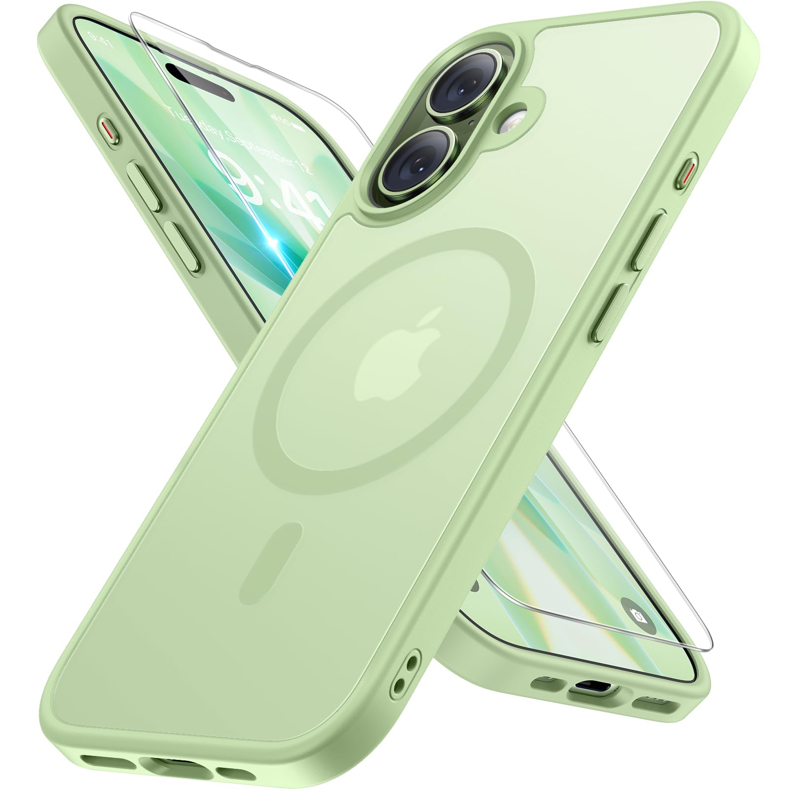 miracase Magnetic for iPhone 17 Case (Compatible with MagSafe) with Screen Protector Military-Grade Protection, Anti-Fingerprint Translucent Matte Phone Cover for iPhone 17 6.3 inch, Matcha Green