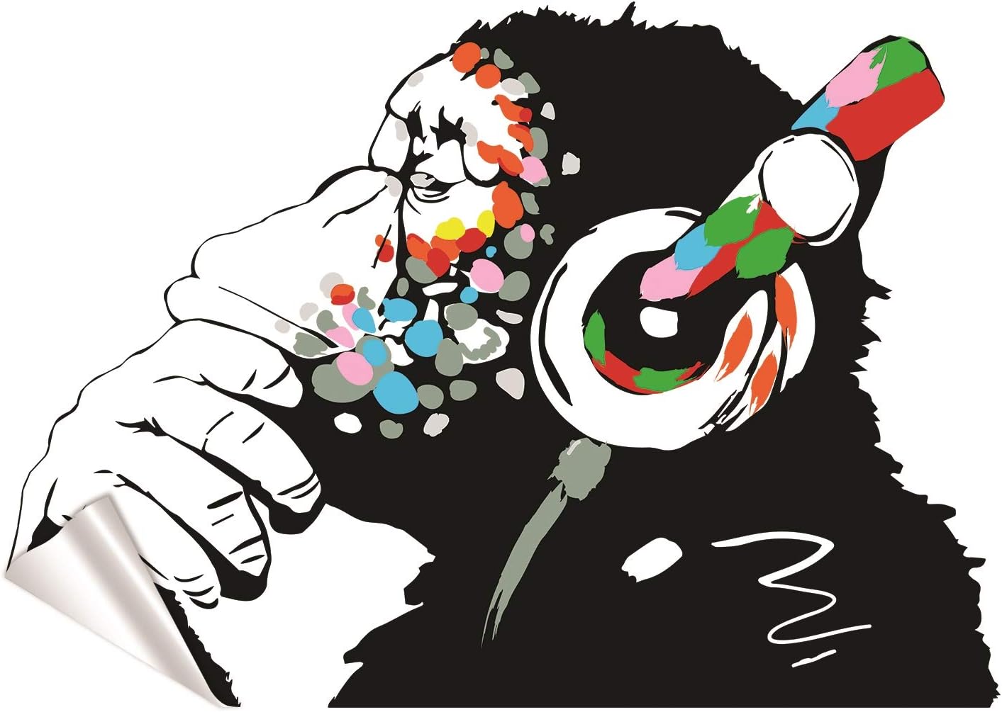 Banksy Wall Stickers - Large Banksy Monkey With Headphones Wall Art - DJ Chimp Thinker in Earphones Decal (180x124 cm)