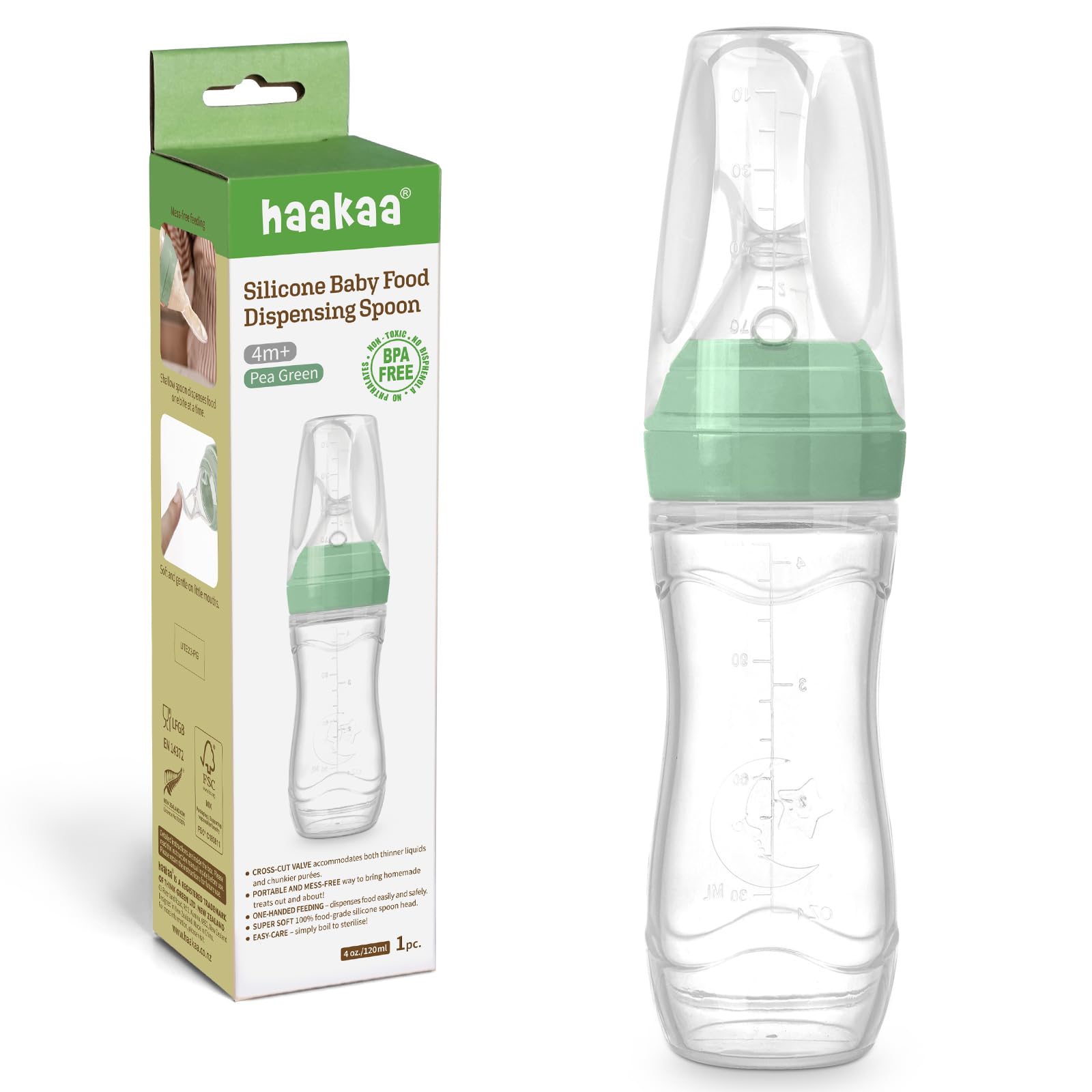 Photo 1 of Haakaa Silicone Baby Food Dispensing Spoon Feeder 4oz - Infant Squeeze Cereal Feeder, Baby Fresh Food Feeder, Feed Bottle for Puree, Solid Baby Food, BPA Free, 4m+ Babies – Pea Green