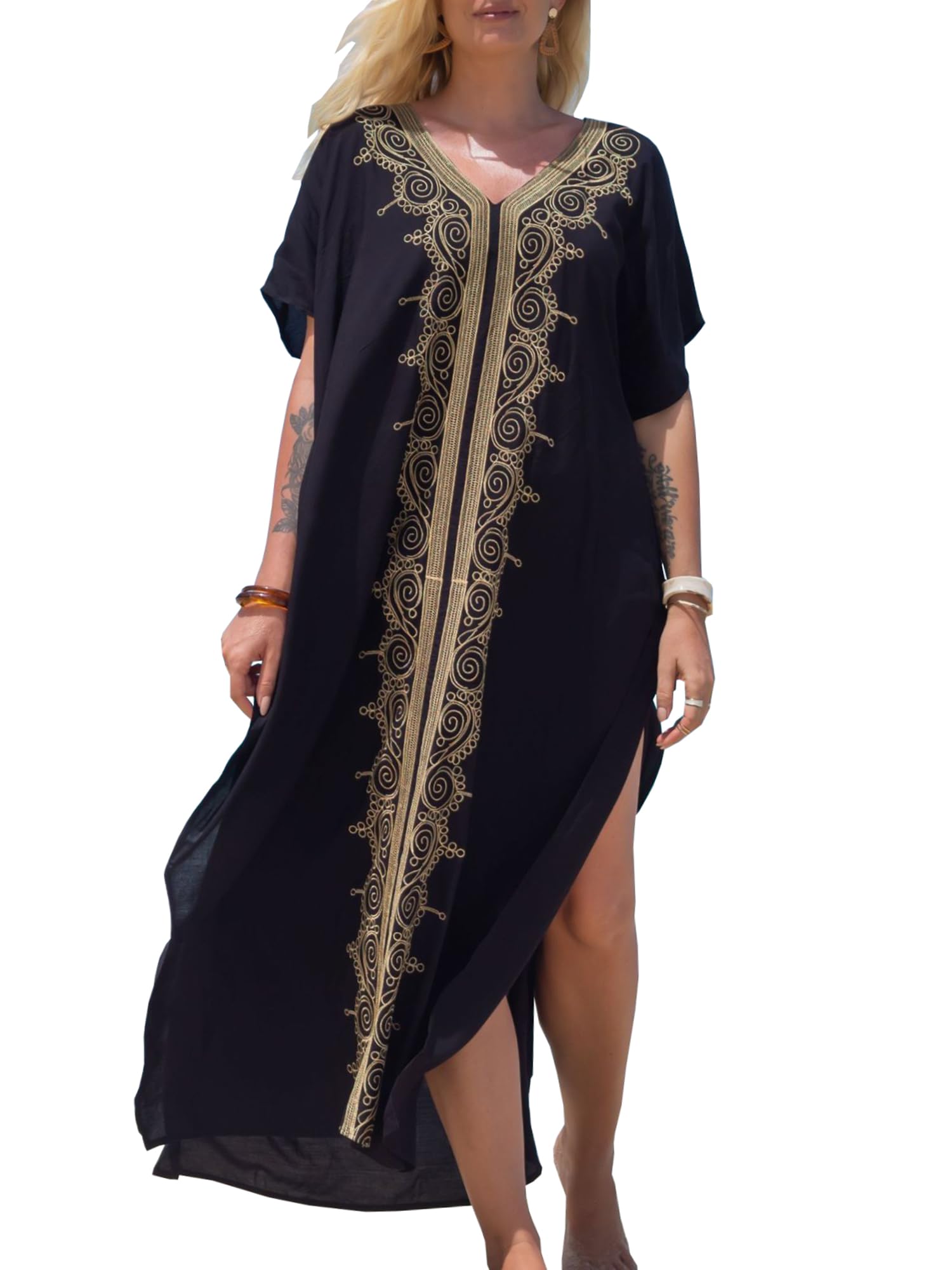 Chunoy Women Side Split Swimsuit Cover Up Dresses Embroidery V Neck Short Sleeve Swim Kaftan Black