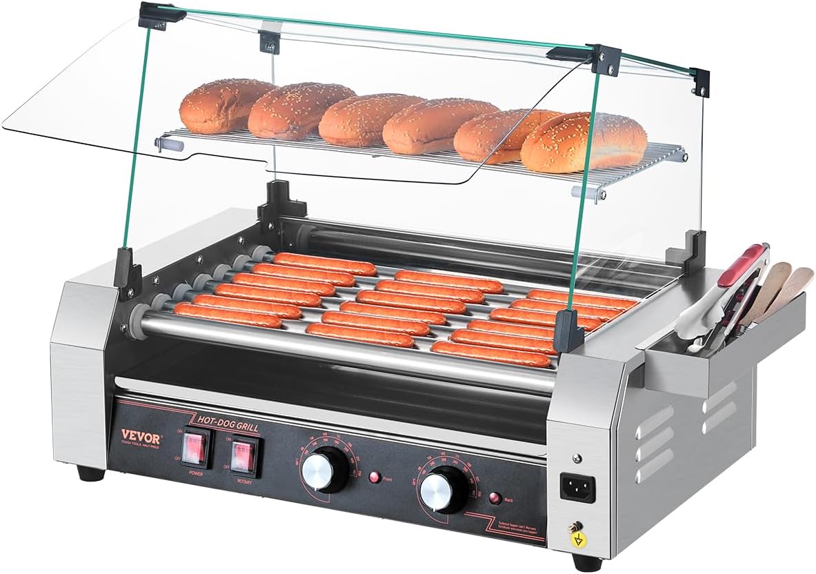 VEVOR Hot Dog Roller, 18 Hot Dog 7 Rollers, Stainless Steel Sausage Grill Cooker, 1050W Commercial Hot Dog Machine with Dual Temp Control, Cover, Side Storage Box, Removable Shelf & Oil Drip Tray