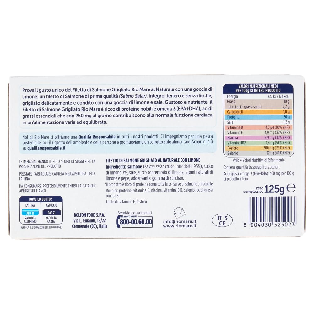 Italian Gourmet filetto di salmone naturale gegrillte Zitrone 12 x 125g | Conserva di pesce pronta, mit feiner Zitrusnote, proteinreich für Salate, Gesamtnettogewicht 1,5 kg + Kostenlos Polpa 400g
