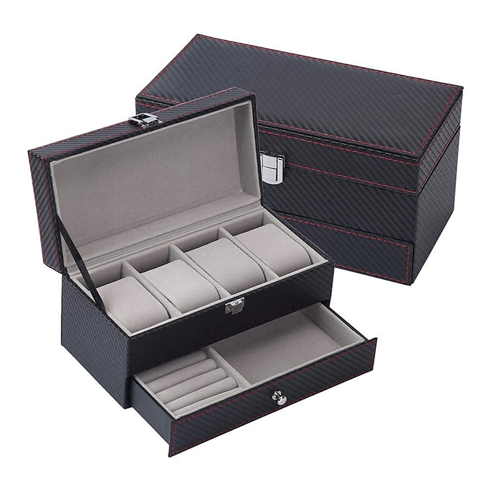 TIANQIHAO Wristwatch Box Jewellery Box Organiser Watch Organizer Jewelry Display Case With Jewelry Drawer Collector Metal Buckleblack