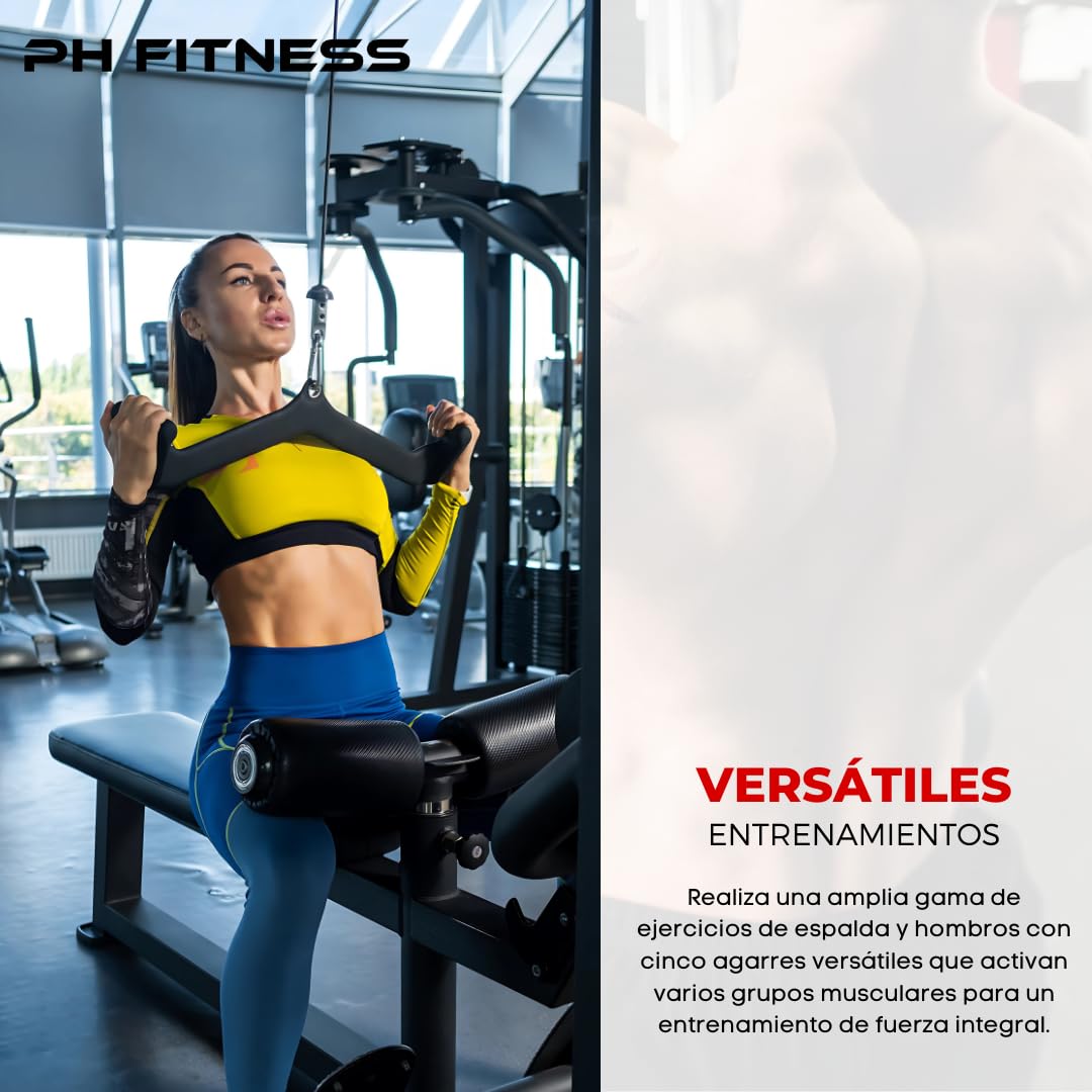 PH Fitness Set de Accesorios Multi Grip [5 Agarre] – Mangos Versátiles para Lat Pulley y Remo – Barra Ajustable con Antideslizante de Espuma – Ideal para Gimnasio en Casa y Entrenamiento de Fuerza