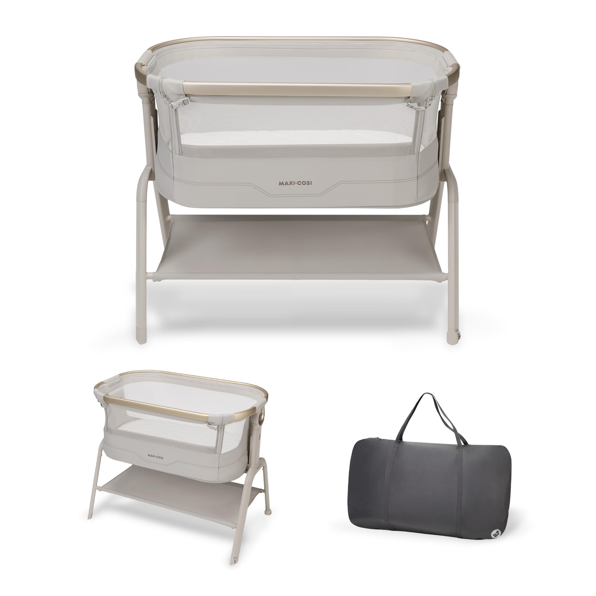 Maxi Cosi Iora² Culla Co-Sleeping, 0–6 Mesi (9 kg), Culla Neonato Fianco Letto Pieghevole e Leggera, Materasso 5 cm CloudCore, 5 Livelli, 2 Ruote Scorrevoli, Funzione Easy Slide, Elegance Beige