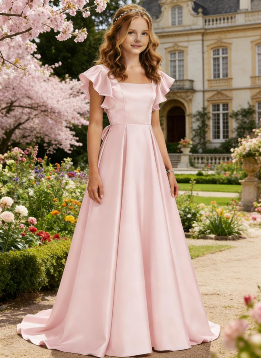 Maxianever Junior Bridesmaid Dress for Wedding Satin Ruffle Sleeve A-Line Formal Gown for Teen Girls