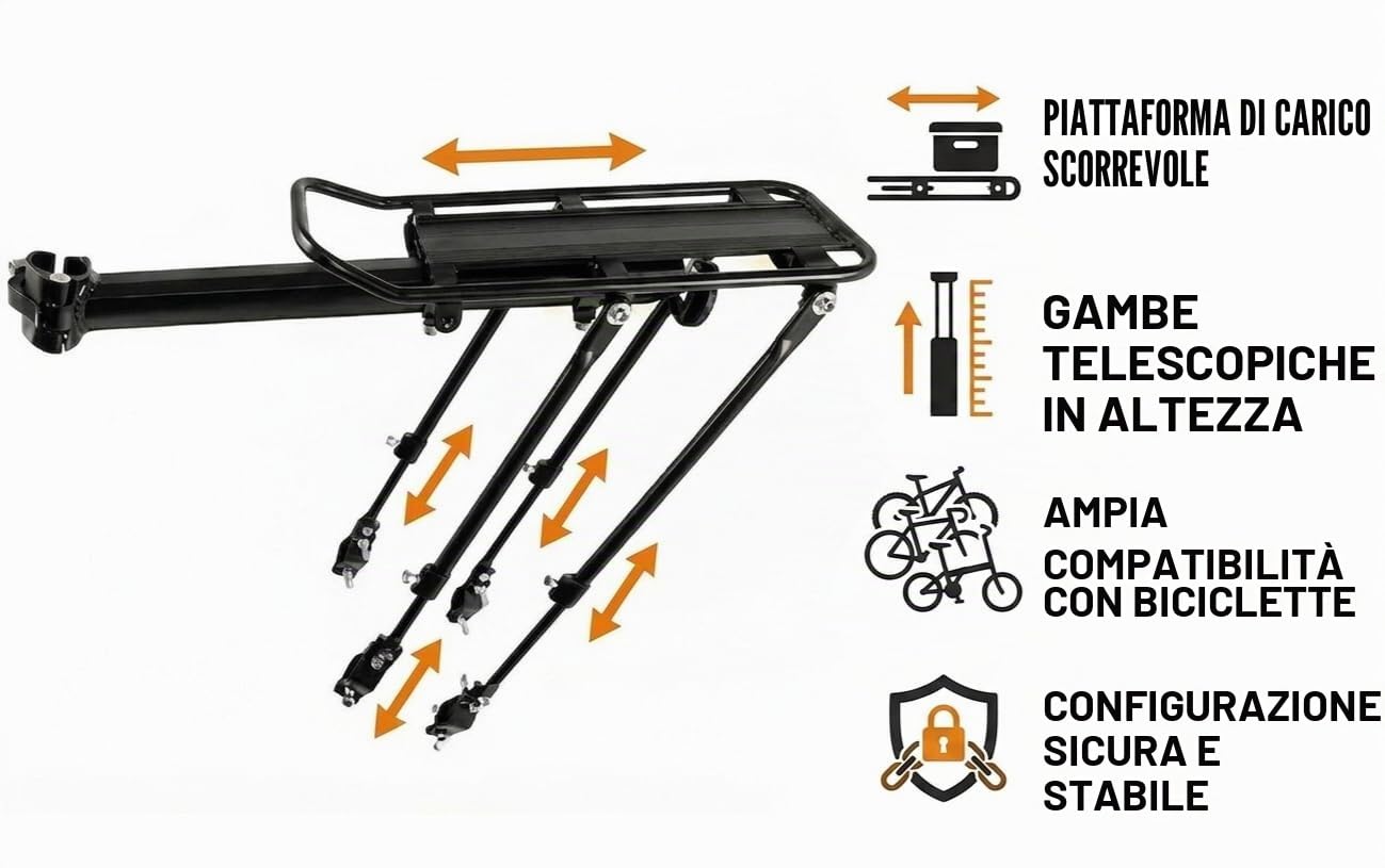COMINGFIT® 4-Strong-Legs Portapacchi posteriore regolabile per biciclette, portata max 80 kg