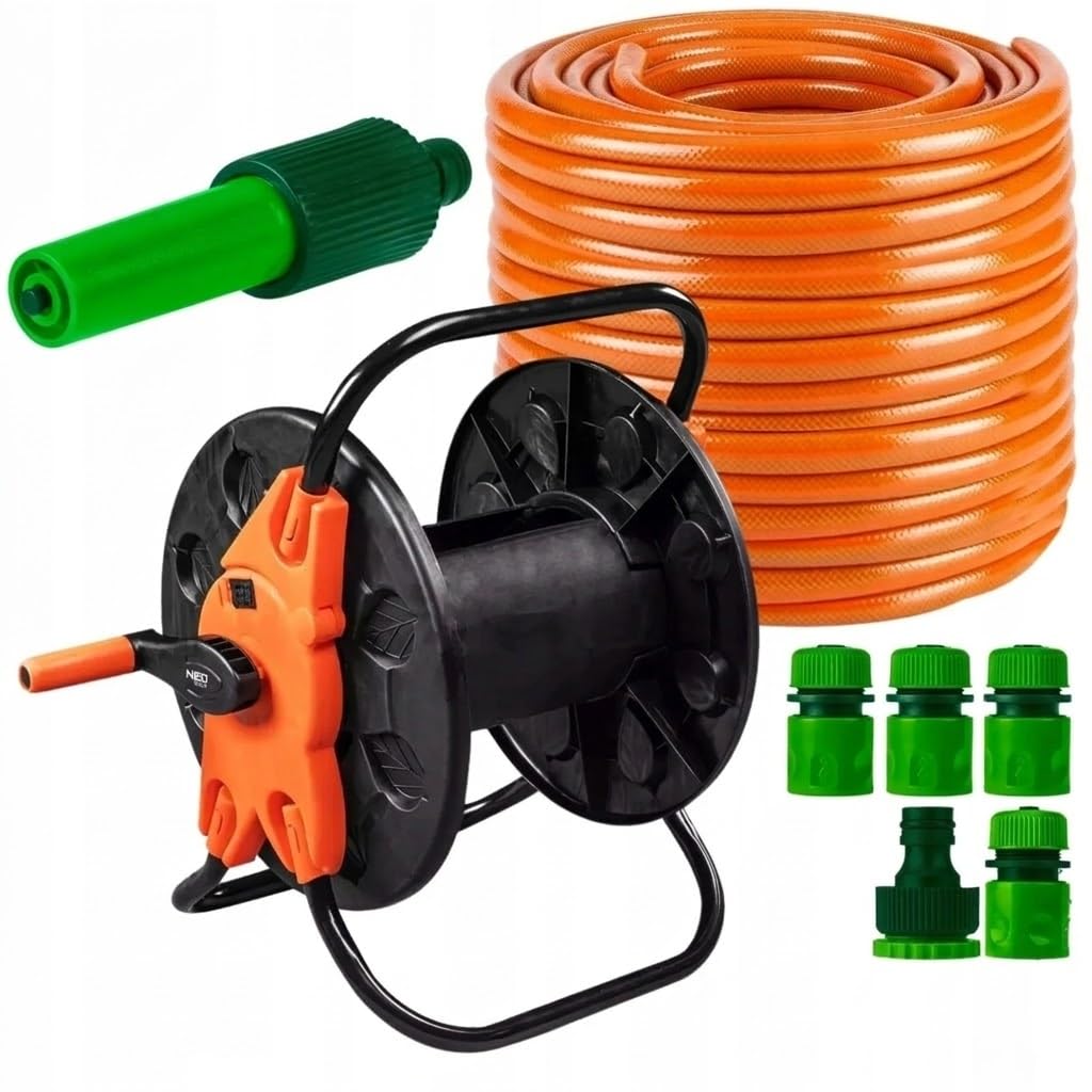 NEO TOOLS Gartenschlauch Set 50m 1/2 Zoll mit Schlauchwagen Spritze und Anschlussarmaturen UV Beständig 4 Lagig Bewässerungsset für Große Gärten