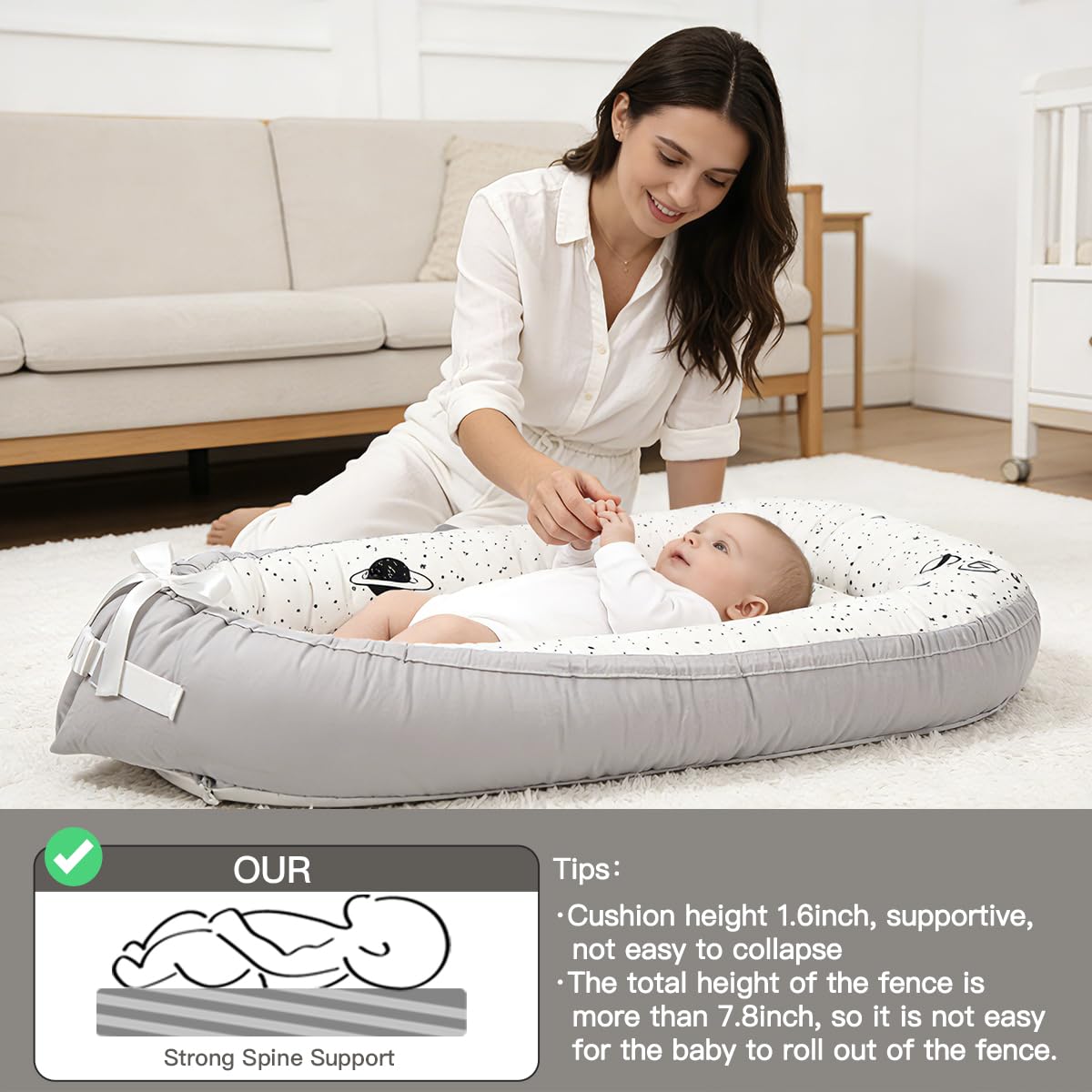 Condition photo showing Good Condition for baby lounger | organic cotton infant lounger | reversible, adjustable & portable floor lounger | soft, breathable, washable cover