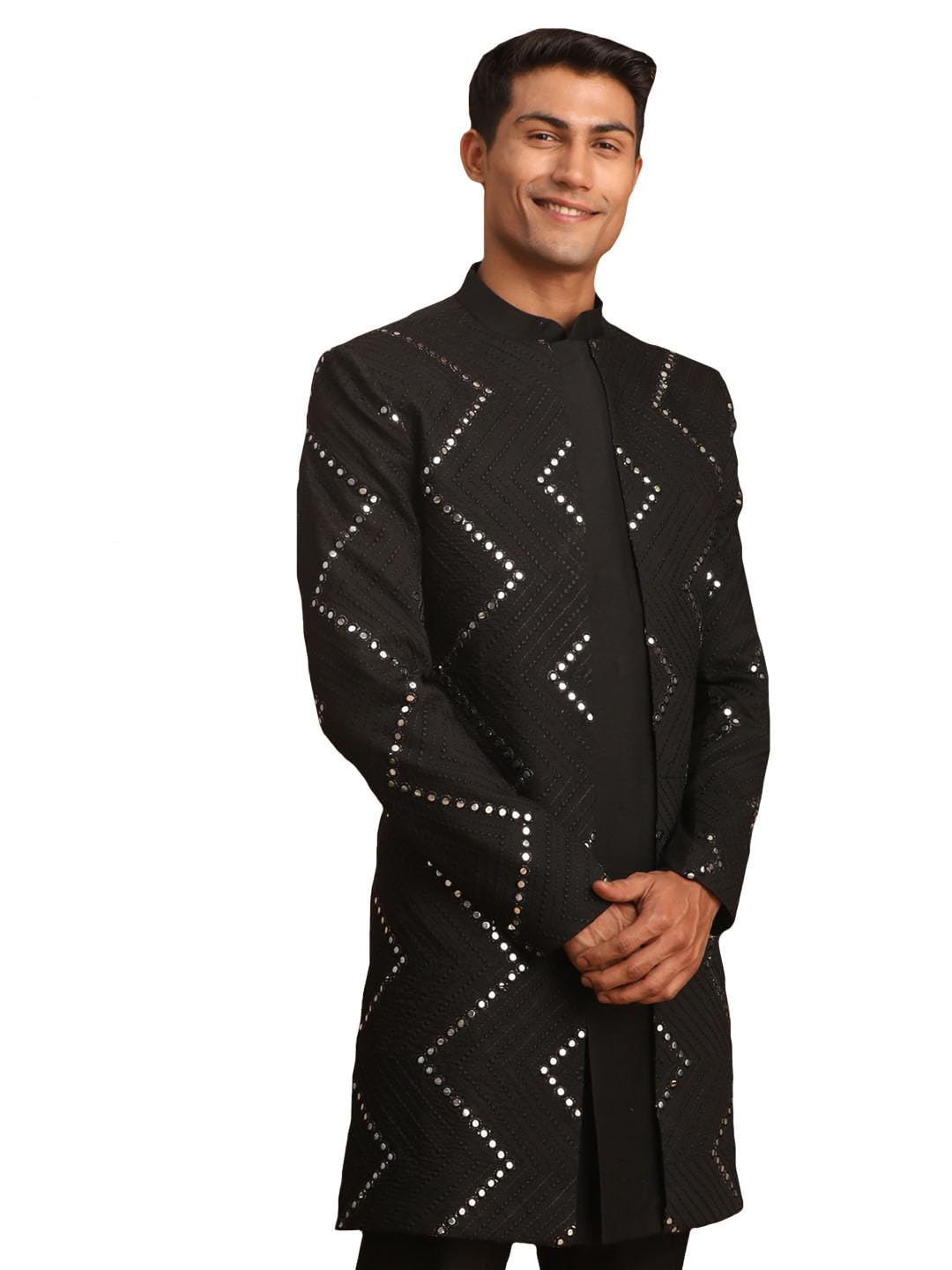 Men's Cream Viscose Sherwani Only Top | Mirror work Embellished Viscose Indo Western For Men.-image-34