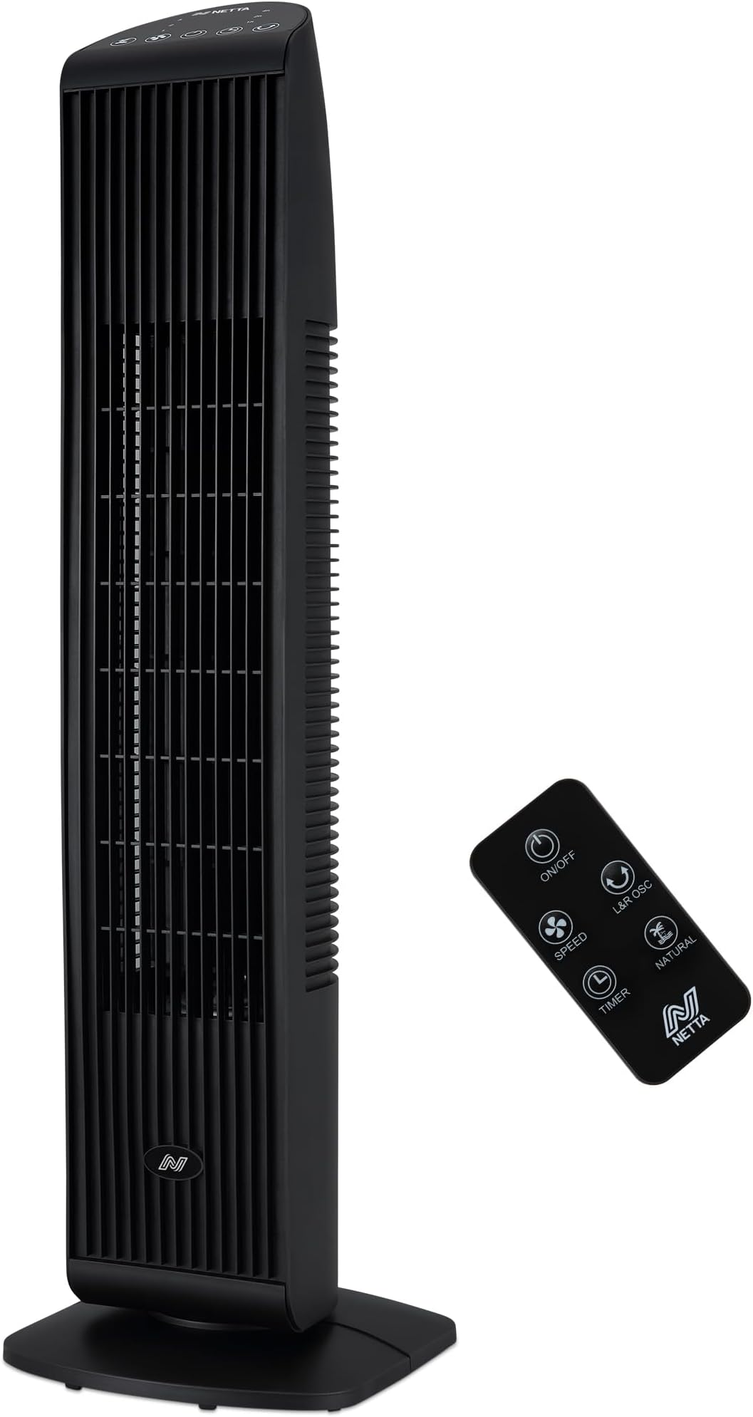 NETTA 32 Inch Tower Fan with Remote Control - Quiet Bladeless Oscillating Fan - 3 Speed Settings, 7-Hour Timer & 65° Oscillation - Electric Fan for Bedroom, Kitchen, Home & Office - Black